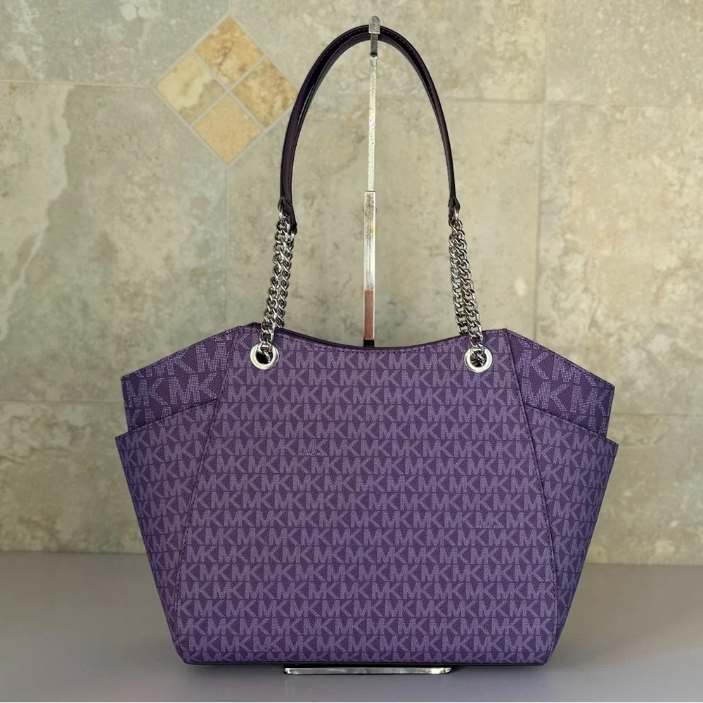 Michael Kors Jet Set Travel LG Shoulder Chain Tote Bag MK Dark Purple - Picture 2 of 14